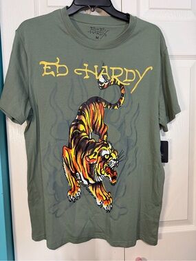 Ed Hardy Olive Green Graphic‎ Tee with Yellow Accents